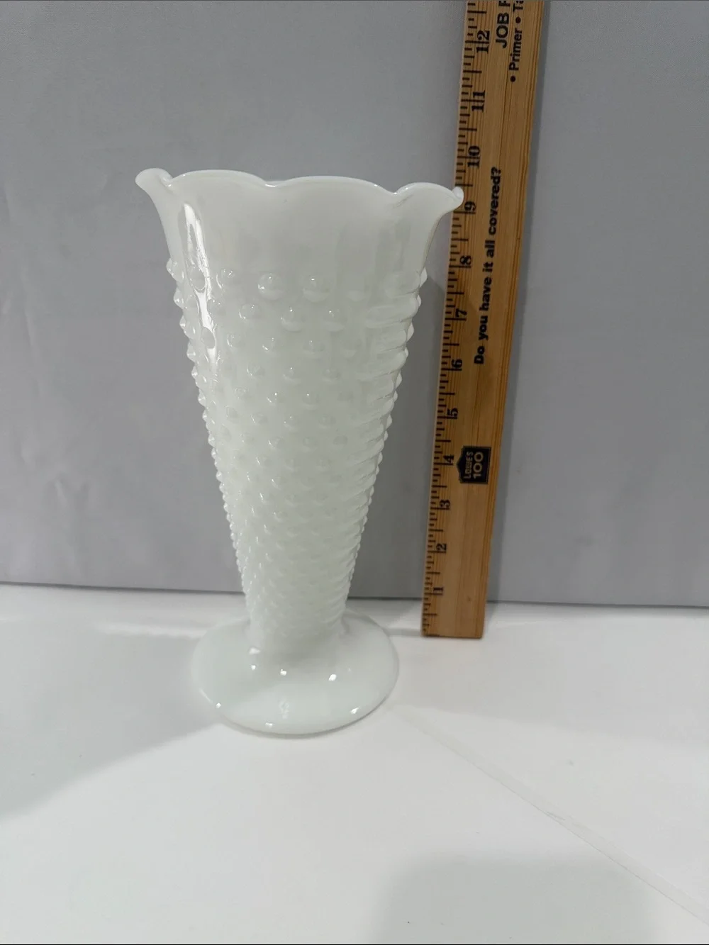 Vintage Anchor Hocking Milk Glass Hobnail Trumpet Vase 9.25